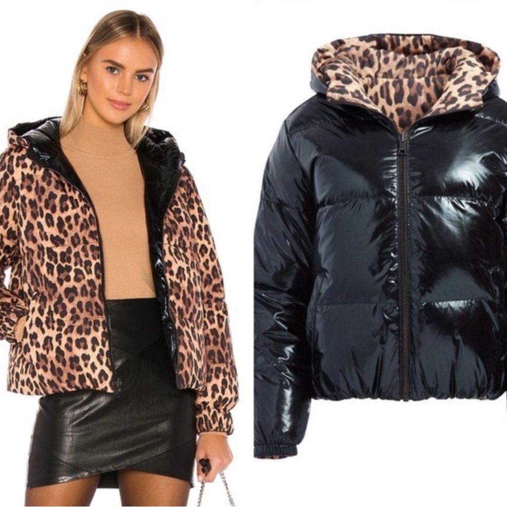 Alice + Olivia Glossy Black and Leopard Print Puffer Jacket
